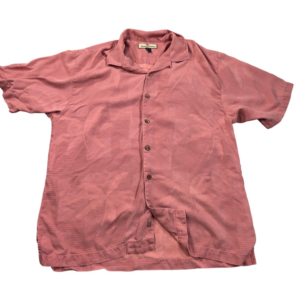 Tommy Bahama Camp Shirt Mens Large Pink 100% Silk Palm Tree Jacquard
